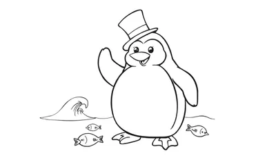Una placa de color con un dibujo lineal de un pingüino feliz con sombrero de copa saludando.