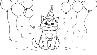 Una placa de color para colorear de un gato sonriente con gorro de fiesta, globos y confeti.