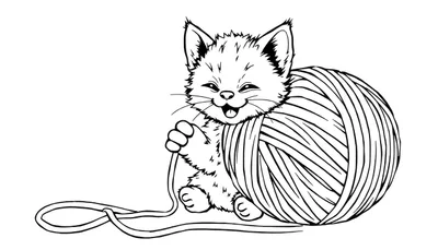 Un dibujo en blanco y negro de un gatito juguetón con un ovillo de lana, una placa para colorear.