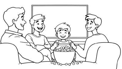 Placa de color de una familia feliz viendo la tele con palomitas.