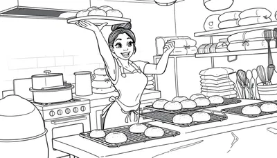 Tiana sonriendo con una bandeja de bollos sobre su cabeza, lista para ser coloreada. Un plato de color para la diversión.