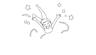 Placa de color de un niño feliz saltando con estrellas y cintas.