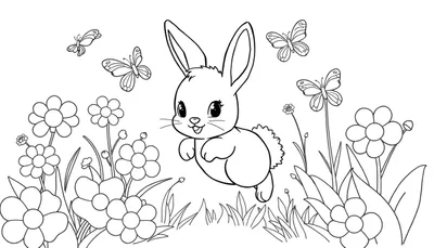 Un conejito adorable salta en un jardín de ensueño, rodeado de vibrantes flores y mariposas danzantes. Este dibujo a blanco y negro invita a darle vida con la placa de color.