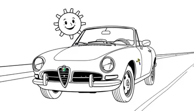 Un coche Alfa Romeo descapotable clásico en blanco y negro para colorear, con un sol sonriente en la esquina superior izquierda, listo para añadir su toque de color y placa de color.
