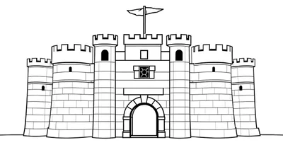 Un dibujo lineal de un castillo con una gran puerta de arco, torres cilíndricas y una bandera, perfecto para colorear en una placa de color.