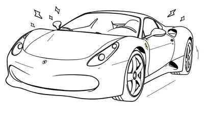 Un coche de carreras Ferrari para colorear, con líneas negras y blancas y espacio para añadir color. La placa de color está lista para empezar a pintar.