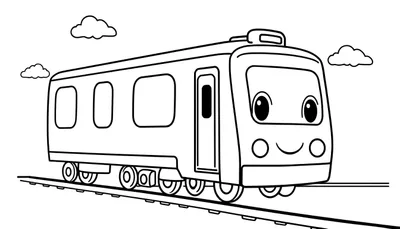 Placa de color de un tren de dibujos animados amigable con grandes ojos y sonrisa, con tres ventanas, una puerta y un compartimento en el techo, viajando sobre vías de tren con dos nubes pequeñas a cada lado.