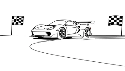 Un auto deportivo en blanco y negro listo para colorear, con banderas a cuadros y una pista de carreras.