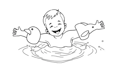 Un niño sonriendo con flotadores de pato y elefante nadando en agua con líneas onduladas, estilo boceto en blanco y negro.