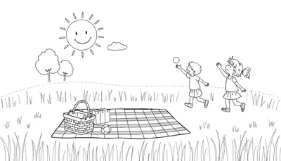 Placa de color de un picnic soleado con niños jugando a la pelota.