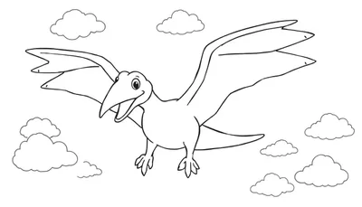 Pterodáctilo volando entre nubes, un dibujo para colorear con placa de color.
