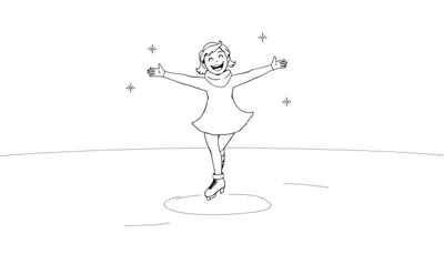 Una patinadora sonriente con los brazos extendidos, en una pista de hielo con copos de nieve, lista para colorear en la placa de color.