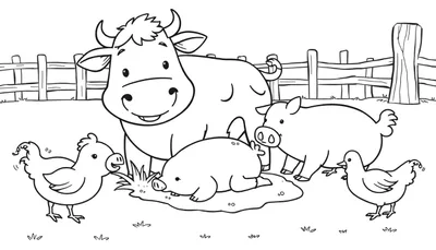 Una placa de color de una granja con animales felices: una vaca sonriente, tres cerdos juguetones y dos gallinas picoteando.
