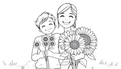 Mamá e hijo sonriendo sosteniendo girasoles. Dibujo lineal para colorear, blanco y negro. Placa de color.