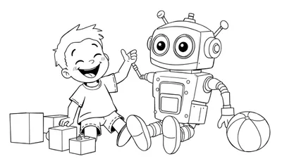 Un niño feliz choca los cinco con un robot amigable junto a bloques de construcción y una pelota. Placa de color.