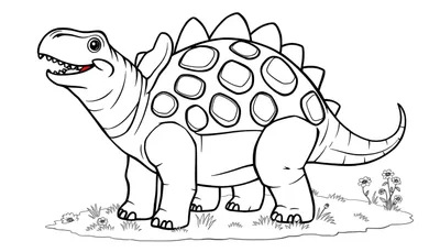 Un dibujo lineal de un anquilosaurio amigable listo para colorear, mostrando sus placas para colorear en la espalda y su cuerpo robusto.