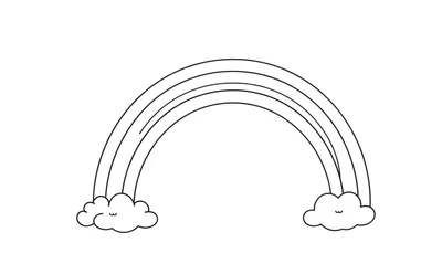 Un lindo arcoíris sonriente con nubes esponjosas en una página para colorear de la placa de color.
