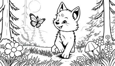 Placa de color de un tierno lobito jugando en el bosque con una mariposa.