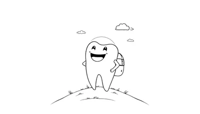 Un diente sonriente con una mochila en una colina, listo para la aventura, un diseño de placa de color.