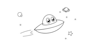 Ilustración de dibujos animados en blanco y negro de una nave espacial amigable con ojos grandes volando en el espacio junto a un planeta con anillo y estrellas, lista para ser coloreada.