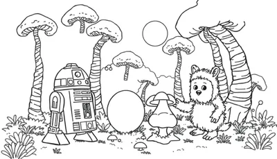 Página para colorear de R2-D2 y un Ewok en un bosque de hongos gigantes, lista para ser coloreada con círculos y óvalos en blanco.