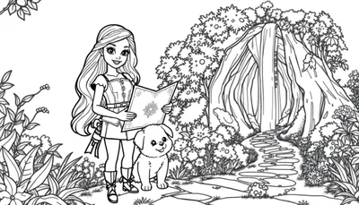 Placa de color Barbie exploradora con su cachorro en un bosque mágico.