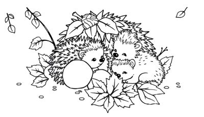 Ilustración en blanco y negro de tres adorables erizos jugando entre hojas de otoño, uno sostiene una bellota.
