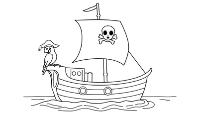 Barco pirata de dibujos animados en blanco y negro con un loro en la proa, página para colorear de placa de color.