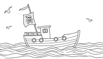 Un barco pirata con calavera y tibias cruzadas navegando en un mar con tres gaviotas volando, listo para colorear en la placa de color.