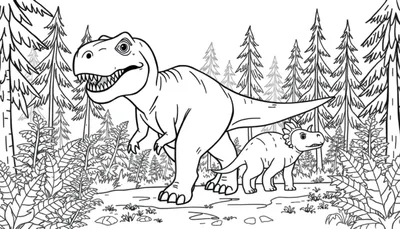 Un dibujo lineal de un T-Rex amigable y un Triceratops en un bosque, perfecto para colorear.