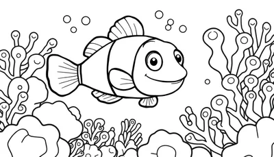 Página para colorear en blanco y negro de un pez payaso sonriente con burbujas y plantas marinas.