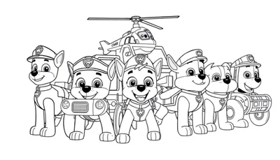 La Patrulla Canina lista para la aventura, un dibujo lineal en blanco y negro para colorear con la placa de color. Los cachorros están posando delante de su helicóptero.