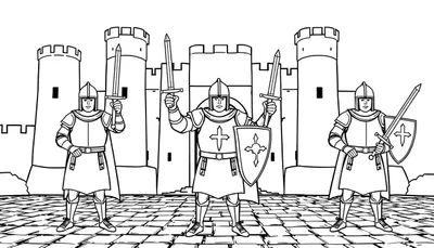 Tres caballeros medievales frente a un castillo, con espadas listas, para colorear en una placa de color.
