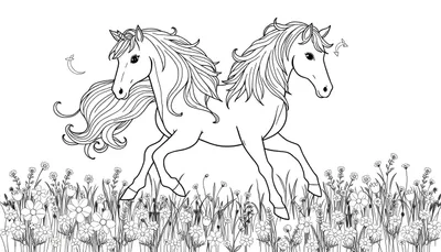 Dibujo lineal en blanco y negro de dos caballos galopando en un prado de flores con símbolos caprichosos, listo para colorear en esta placa de color.