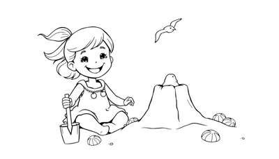 Una niña sonriente con una pala en la playa, cerca de un castillo de arena, en una imagen de placa de color de contorno en blanco y negro.