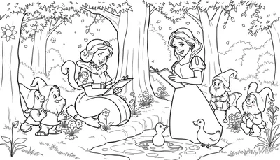 Placa de color de Blancanieves y los enanitos dibujando animales en un bosque.