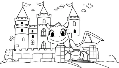 Un dragón sonriente con una ala visible, apoyado en un puente de piedra frente a un castillo con tres torres y banderas. Hay nubes y vegetación. Placa de color.