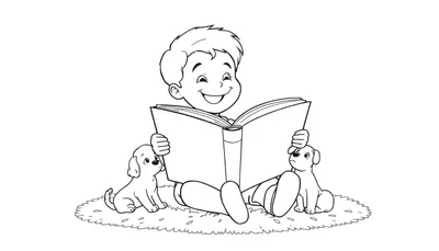 Un niño feliz leyendo un libro para colorear, flanqueado por dos cachorros juguetones, todos sentados sobre una alfombra o hierba, esperando el toque de color de una placa de color.