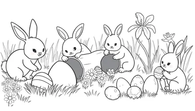 Placa de color de conejitos de Pascua buscando huevos.