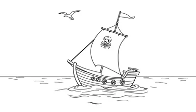 Un barco pirata en blanco y negro para colorear con una calavera en la vela.