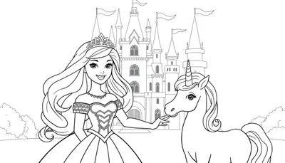 Placa de color de una princesa y un unicornio frente a un castillo.
