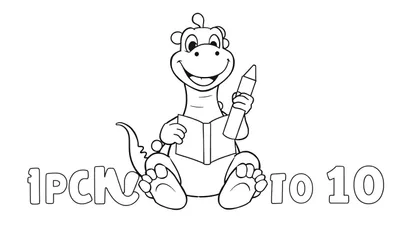 Un dibujo lineal de un dragón amigable sentado, leyendo un libro y sosteniendo un lápiz, con números delineados debajo.