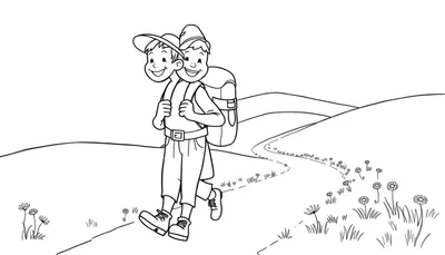 Una placa de color para colorear con dos amigos senderistas sonriendo.