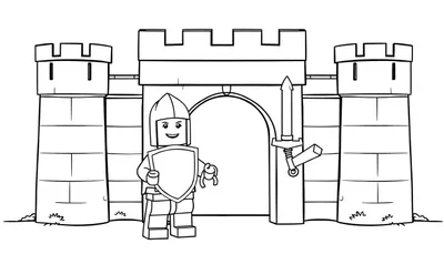 Placa de color de un caballero Lego sonriente delante de un castillo de juguete.