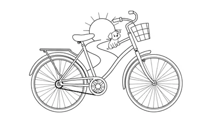 Una bicicleta de crucero para colorear con canasta, portaequipajes, un perrito y un sol estilizado.