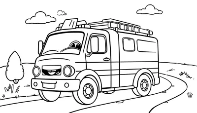 Camioneta caricaturizada con ojos grandes y parrilla sonriente en carretera, con baca en el techo y árbol estilizado.