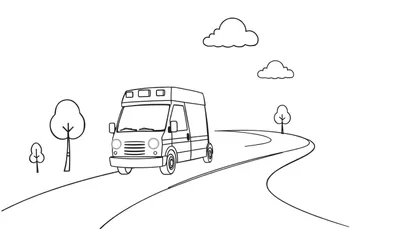 Dibujo para colorear de una ambulancia con placa de color en blanco y negro.