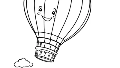 Placa de color de un globo aerostático amigable con rayas verticales y una canasta debajo, flotando cerca de una nube.