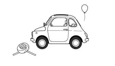 Un coche de juguete clásico para colorear, con una piruleta y un globo, todo en una placa de color.