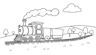 Un tren de vapor amigable con una chimenea humeante en una página para colorear de placa de color.